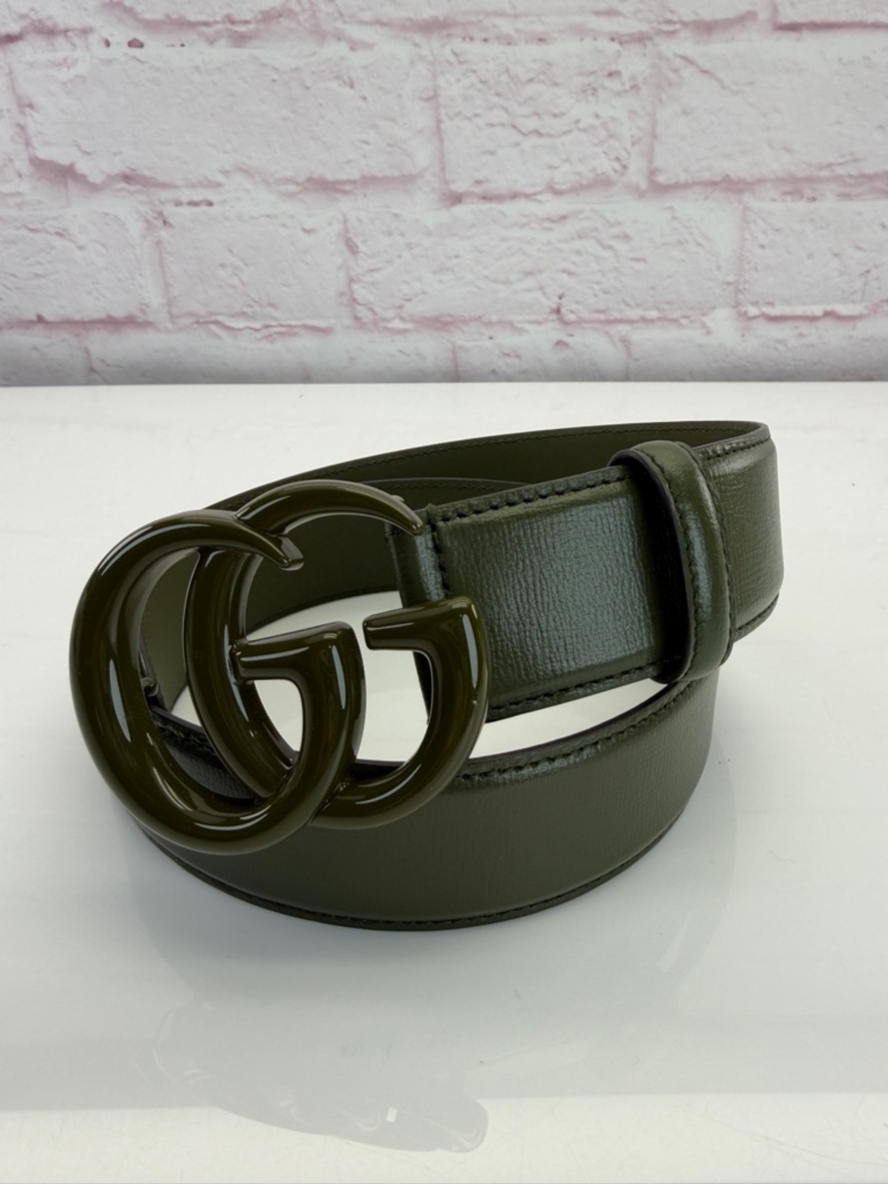 Authentic Gucci Monochrome Gg Wide Marmont Enamel Green Belt 75/30 400593 - Picture 8 of 8